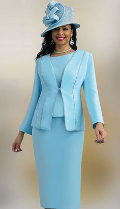 Lily & Taylor 4619 baby blue skirt suit Mens Dress Coats, White Church Hats, First Lady Church Suits, Suit Colors, Church Dresses For Women, Church Suits And Hats, Women Church Suits, Crepe Skirt, Structured Jacket