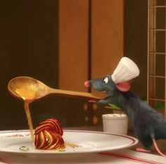 a mouse with a chef's hat on eating some food from a white plate