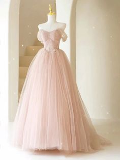 Pink Tulle Evening Dress, Debut Dress, Pink Tulle Gown, Pink Long Prom Dress, Dress With Beads, Pink Party Dress