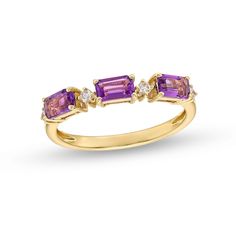 You’ll enjoy the easy sophistication of this emerald-cut amethyst and diamond alternating ring. 10K gold Features three sideways 5.0 x 3.0mm emerald-cut bright purple amethyst Shimmering diamonds complete the alternating pattern 1/15 ct. t.w. of diamonds Link Ring, Three Stone Ring, Amethyst Gold, Ring Ideas, Bright Purple, Three Stone Rings, Amethyst Ring, Three Stone, 10k Gold