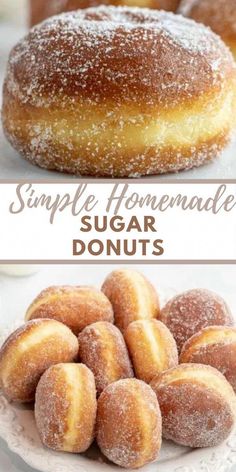 homemade sugar doughnuts on a plate with the words simple homemade sugar donuts