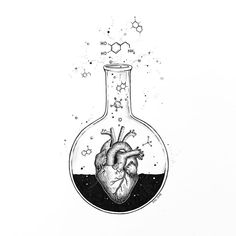 a black and white drawing of a heart in a flask filled with liquid on top of