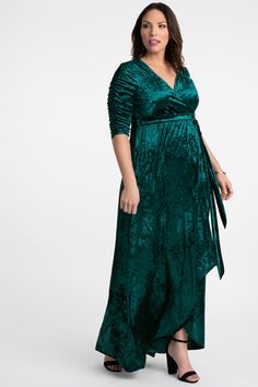 You'll feel elegant in our plus size Cara Velvet Wrap Dress. Designed with soft crushed velvet, ruched sleeves and a hi lo hemline make this dress the perfect style for formal events, galas and weddings. Available in other colors. Made exclusively in women's plus sizes. Made in the USA. Shop our entire collection of wrap dresses at www.kiyonna.com. #plussizefashion #plussizedresses Peacock Teal, Wrap Dress Styles, Long Wrap Dress, Wrap Dress Midi, Velvet Wrap Dress, Green Velvet Dress, Velvet Gown, Hollywood Fashion, Dress Silhouette