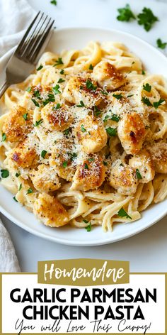 homemade garlic parmesan chicken pasta on a white plate