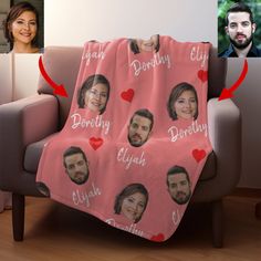 a blanket with the names of two people on it, and an image of another person's face