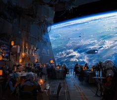 an artist's rendering of the inside of a space station with people eating and drinking