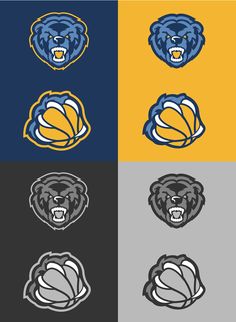 the logos for basketball teams are shown in four different colors and sizes, including blue, yellow