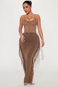 Available In Brown. Mineral Wash Skirt Maxi Elastic Waistband Fringe Side Detail Stretch 39" Length Disclaimer: Due To The Specialized Wash & Distressing Process, Each Garment Is Unique. 100% Cotton Imported | Sahara Mineral Wash Maxi Skirt in Brown size Medium by Fashion Nova Fashion Nova Outfits Dresses, Corset Skirt Outfit, Fringe Skirt Outfit, Beyoncé Concert, Senior Style, Corset Bodysuit, 28th Birthday, Fashion Nova Outfits, Skirt Maxi