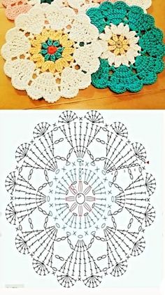 crocheted doily is shown in three different colors and sizes, including one with flowers