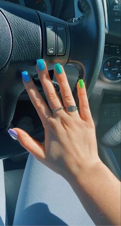 Aesthetic Nails Acrylic, Nails In Blue, Trendy Acrylic Nails, Multicolor Nails, Blue Acrylic Nails, Aesthetic Nails, Colored Acrylic Nails, Short Square Acrylic Nails, Cute Gel Nails