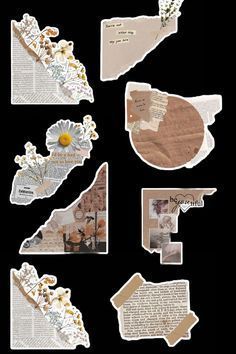 several pieces of torn paper with flowers and pictures on them, all in different shapes