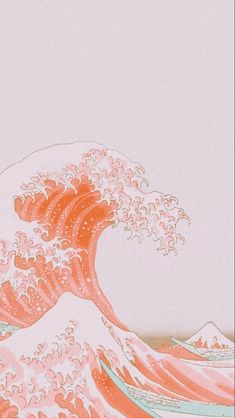 an orange and white drawing of a large wave in the ocean on a light pink background