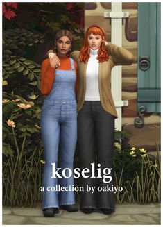 two women standing next to each other in front of trees and bushes with the words koselg, a collection by oakyvo