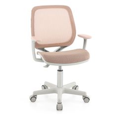 an office chair with wheels and a beige upholstered seat, viewed from the front