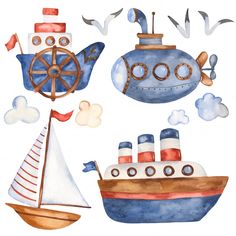 watercolor painting of boats, ships and seagulls