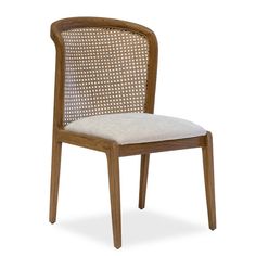 a wooden chair with white upholstered back and seat cushion on an isolated white background