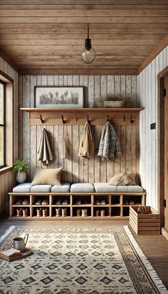 Rustic Farmhouse Mudroom: Warm wooden cubbies, weathered coat racks, and a plush area rug create a welcoming farmhouse vibe. Hashtags: #MudroomGoals #FarmhouseDecor #RusticStyle #OrganizedLiving #CozySpaces #HomeDesignInspo Modern Cabin Mudroom, Farm Mudroom Ideas, Rustic Mudroom Ideas, Rustic Mud Room Ideas, Farm Mudroom, Mud Hall, Rustic Mudroom, Mudroom Design Ideas, Farmhouse Mud Room