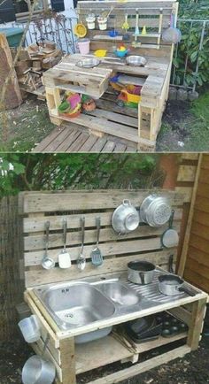 an outdoor kitchen made out of pallets and wooden pallets with pots and pans