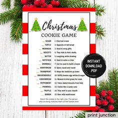 printable christmas cookie game with red and white stripes on the front, surrounded by holly branches