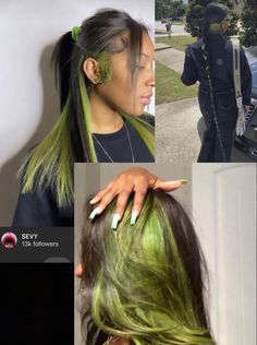 Black Hair Green Peekaboo, Green Hair Tips, Green Skunk Stripe Hair, Green Striped Hair, Green And Black Skunk Stripe, Lime Green Skunk Stripe Hair, Skunk Hair Dye Green, Green Peekaboo Hair, Green And Brown Hair