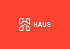 the logo for haus is shown on a red background with white letters and an image of