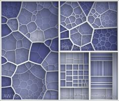 four different images of blue and white glass with the same pattern on them, all in various