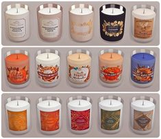 many different types of candles are shown in this image, all with labels on them