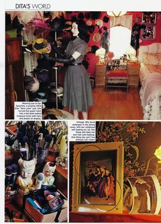 an article in a magazine with pictures of women's clothing and hats on display