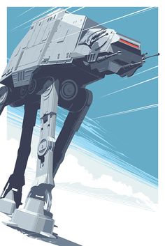 a star wars poster with a giant robot on it's back and the sky in the background