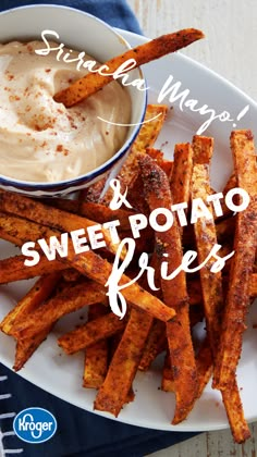 sweet potato fries on a plate with dipping sauce