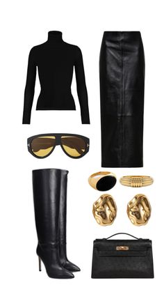 Leather skirt outfit ideas, leather boots, Tom Ford sunglasses, chunky jewelry aesthetic West End Outfit Ideas, Fall Outfits Women Going Out, Burberry Winter Outfits, Tom Ford 2024, New York Outfit Aesthetic, Tom Ford Aesthetic, Chunky Jewelry Aesthetic, Collage Outfit Ideas, All Black Casual Outfit