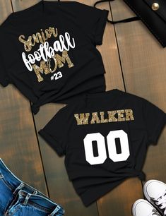 two shirts that say, sunny football mom and walker 00 on the front with gold glitter letters