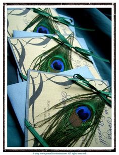 peacock feathers are tied to the envelopes with green ribbon and ribbons on top of them