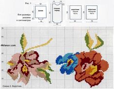 the cross stitch pattern shows two flowers with different colors and sizes, one is red, one is blue