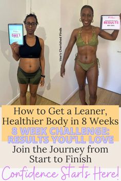 two women in bikinis with the text how to get a leaner, healthier body in 8 weeks results you'll love join the journey from start to finish