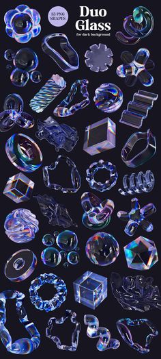 an image of various glass objects on a black background with the words duo glass written below it