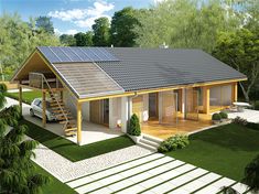 a small house with a solar panel roof