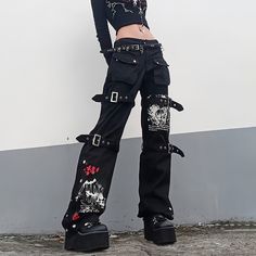 Emo Goth Black Cargo Jeans - Vedlit Goth Jeans, Celana Kargo, Celana Fashion, Buckle Pants, Drape Pants, Hip Hop Jeans, Y2k Pants, Black Punks