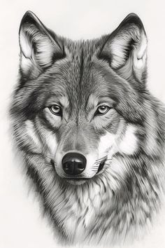 a pencil drawing of a wolf's face with blue eyes and long manes