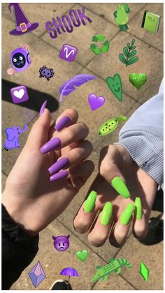 Purple And Neon Nails, Green And Purple Acrylic Nails, Neon Purple Nails Summer, Neon Purple And Green Nails, Purple And Green Nails Acrylic, Nails Purple And Green, Green Purple Nails, Purple Green Nails, Green And Purple Nails