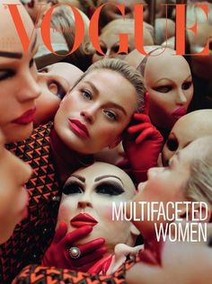 a magazine cover with many different women wearing masks on the front and one woman's face