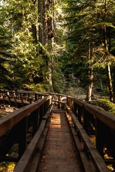 a wooden bridge in the middle of a forest