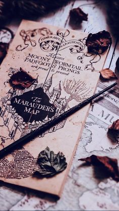 an old harry potter map with some leaves on the ground next to it and a wand