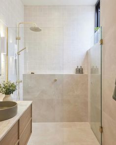 a bathroom with a walk in shower next to a sink and a large mirror on the wall