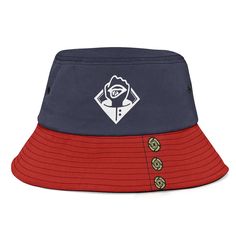 a blue and red bucket hat with an image of a man on it