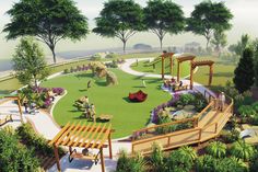 an artist's rendering of a park with benches, trees and people playing in the grass