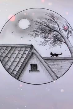 a drawing of a house with a cat on it's roof and a tree in the background