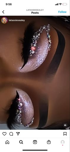 Cute Dramatic Makeup Looks, Extra Makeup Looks Black Women, Black And White Prom Makeup, Black And Silver Makeup Looks For Prom, Iridescent Makeup Looks Black Women, Pearl Makeup Looks Black Women, Bedazzled Eye Makeup, Organization Ideas Makeup, Diamond Makeup Looks