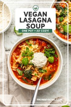 two bowls of vegan lasagna soup on a marble table with the title overlay