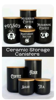 coffee canisters with the words ceramic storage canisters printed on each one